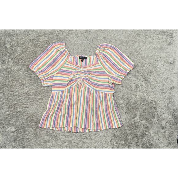 Lane Bryant Size 18 Multicolor Blouse, Cotton Blend, Short Sleeve V Neck Striped - Picture 2 of 7